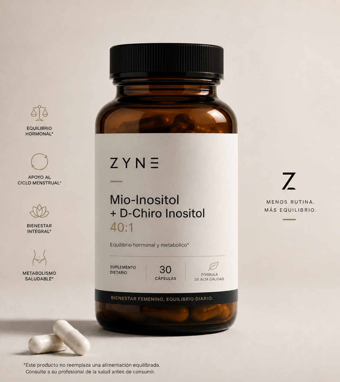 ZYNE Mio-Inositol + D-Chiro Inositol 40:1 - frasco de 30 cápsulas, foto minimalista de estudio